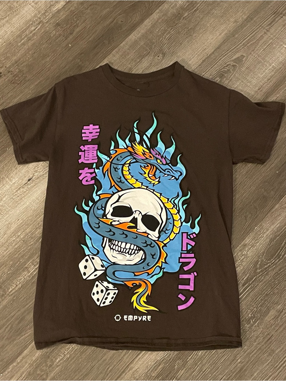Empyre Brown Tee with Blue Dragon, White Skull & Purple Accents